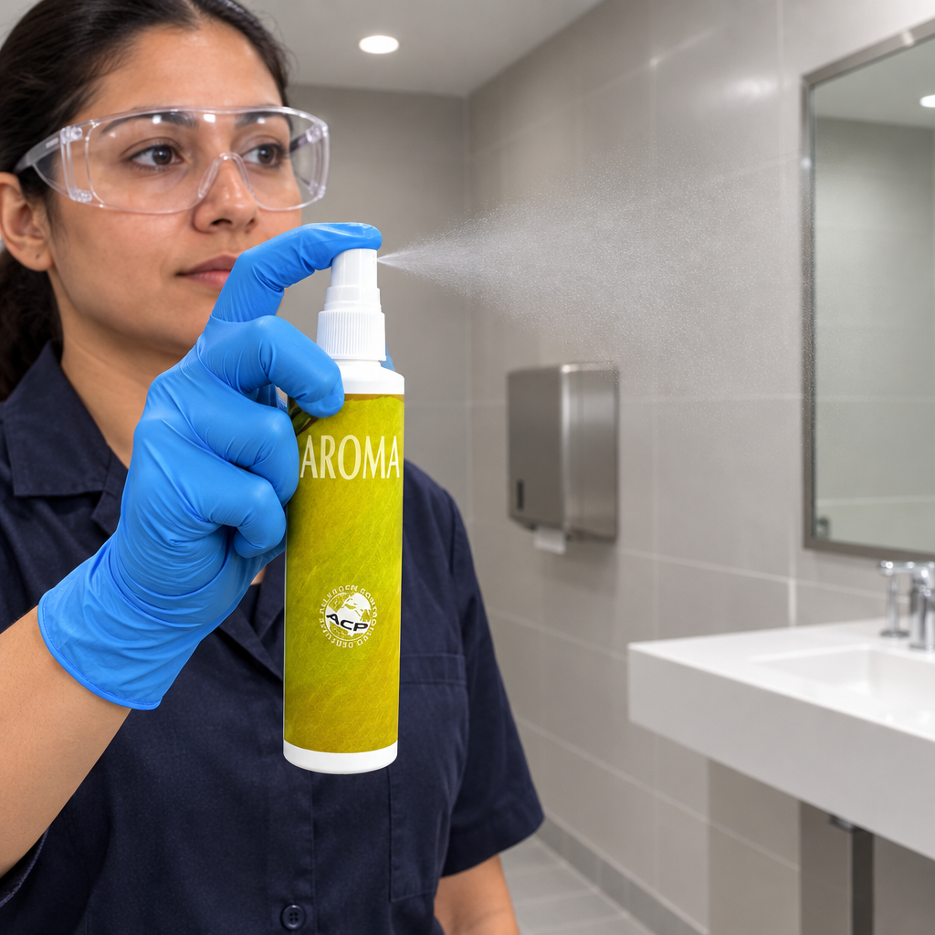 Citronduftspray AROMA i brug i et vaskerum med øjenbeskyttelse