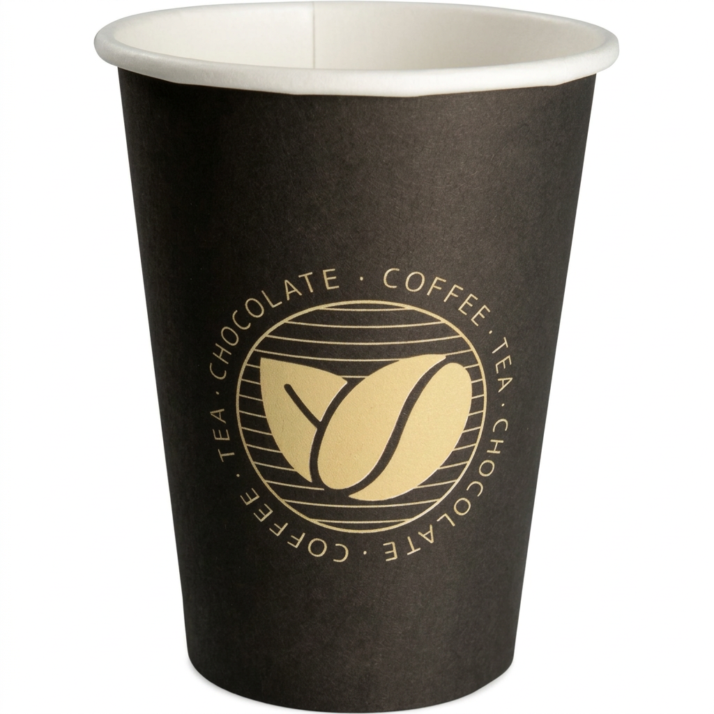 ABENA Gastro Beans kaffebæger 36 cl i sort med gyldent bønnemotiv og hvid kant på hvid baggrund