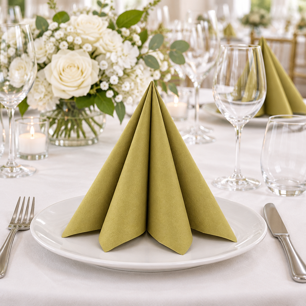 Festbord med guldservietter, hvid dug og hvide blomster