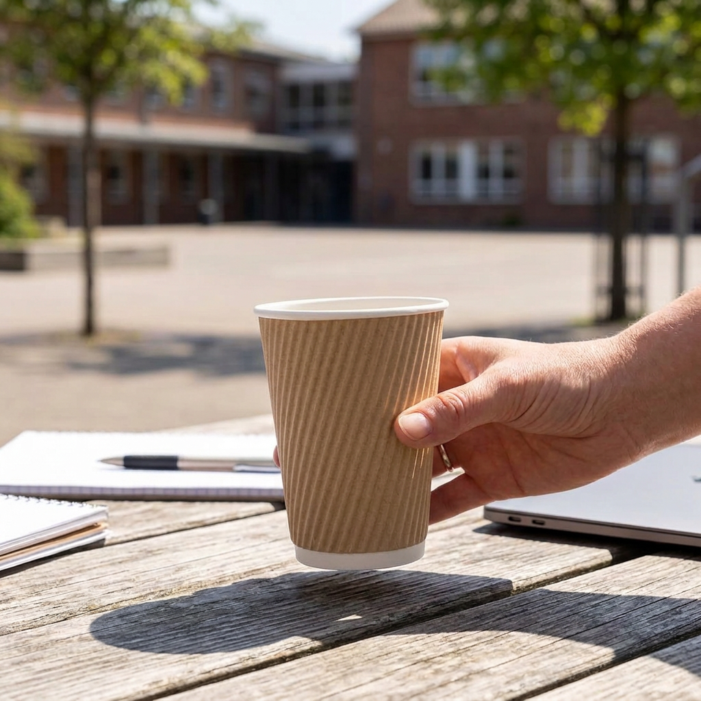 Voksen sætter kaffebæger uden tryk på bord ved solrig skolegård