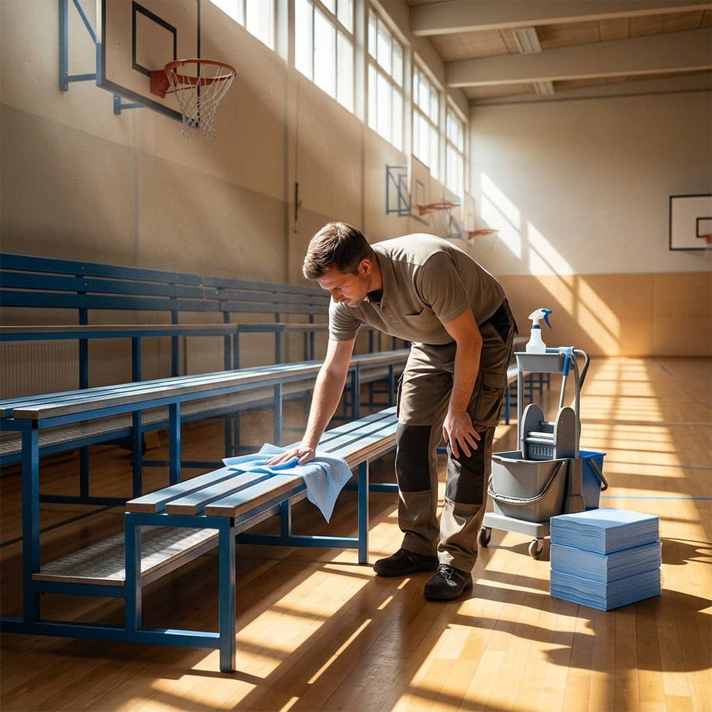 Rengøringsmedarbejder aftørrer bænke med blå universalklud i en solrig gymnastiksal.