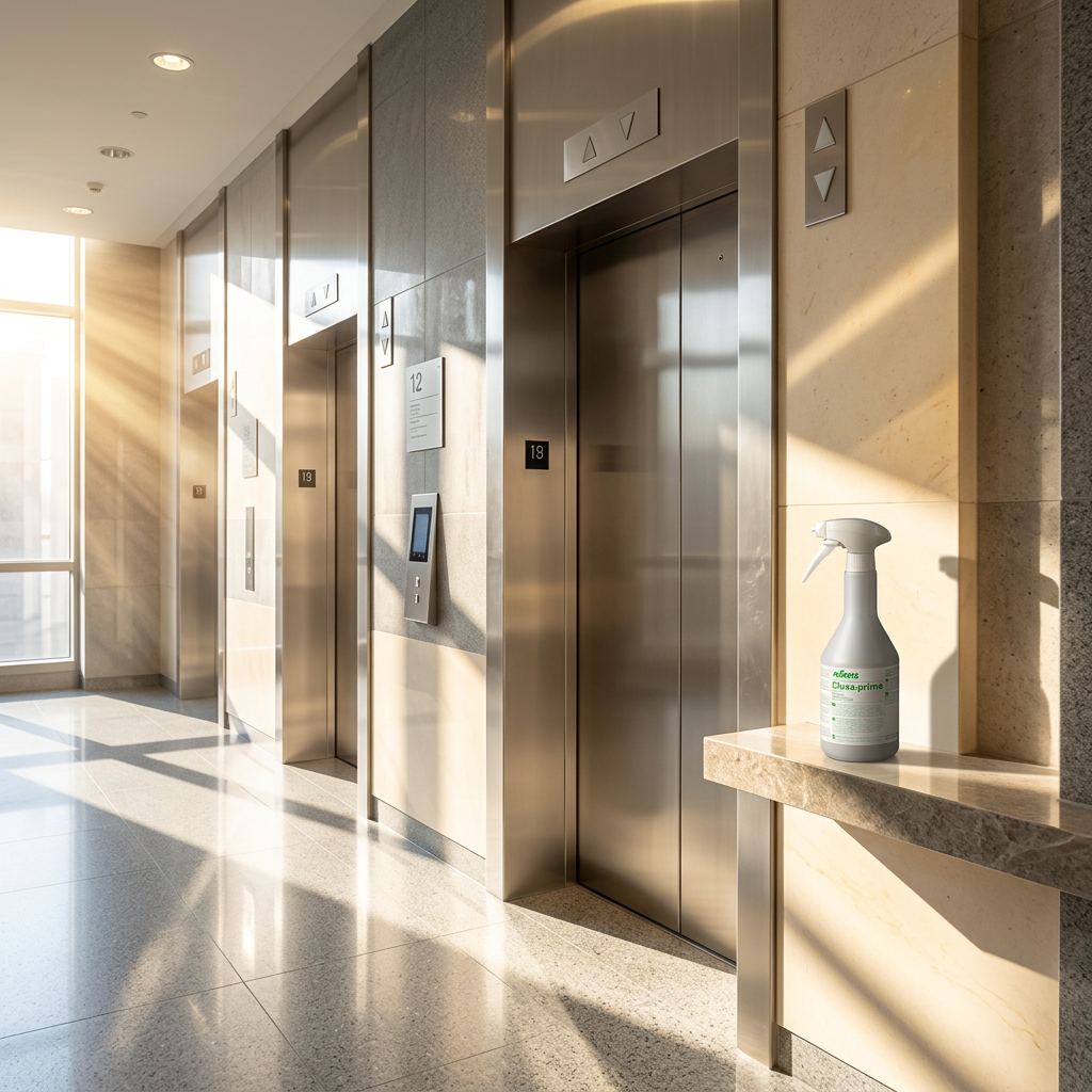 Kiehl Eloxa prima 750 ml i solrigt elevatormiljø med stålflader