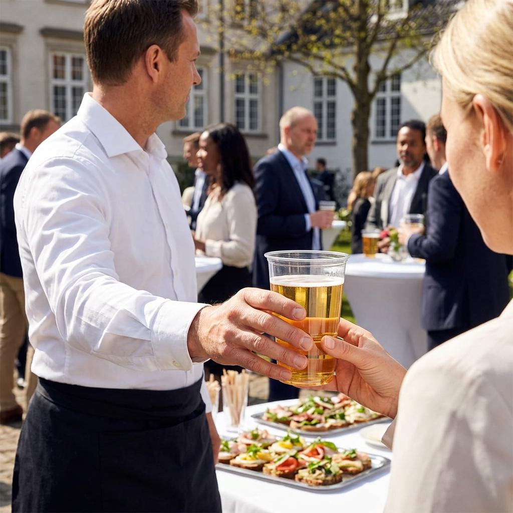 Servering af øl i klart plastglas ved en udendørs reception