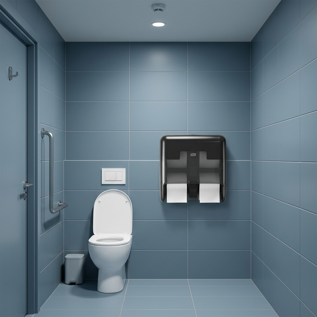 Sort Tork OptiServe T7-dispenser ved toilet i restaurantmiljø