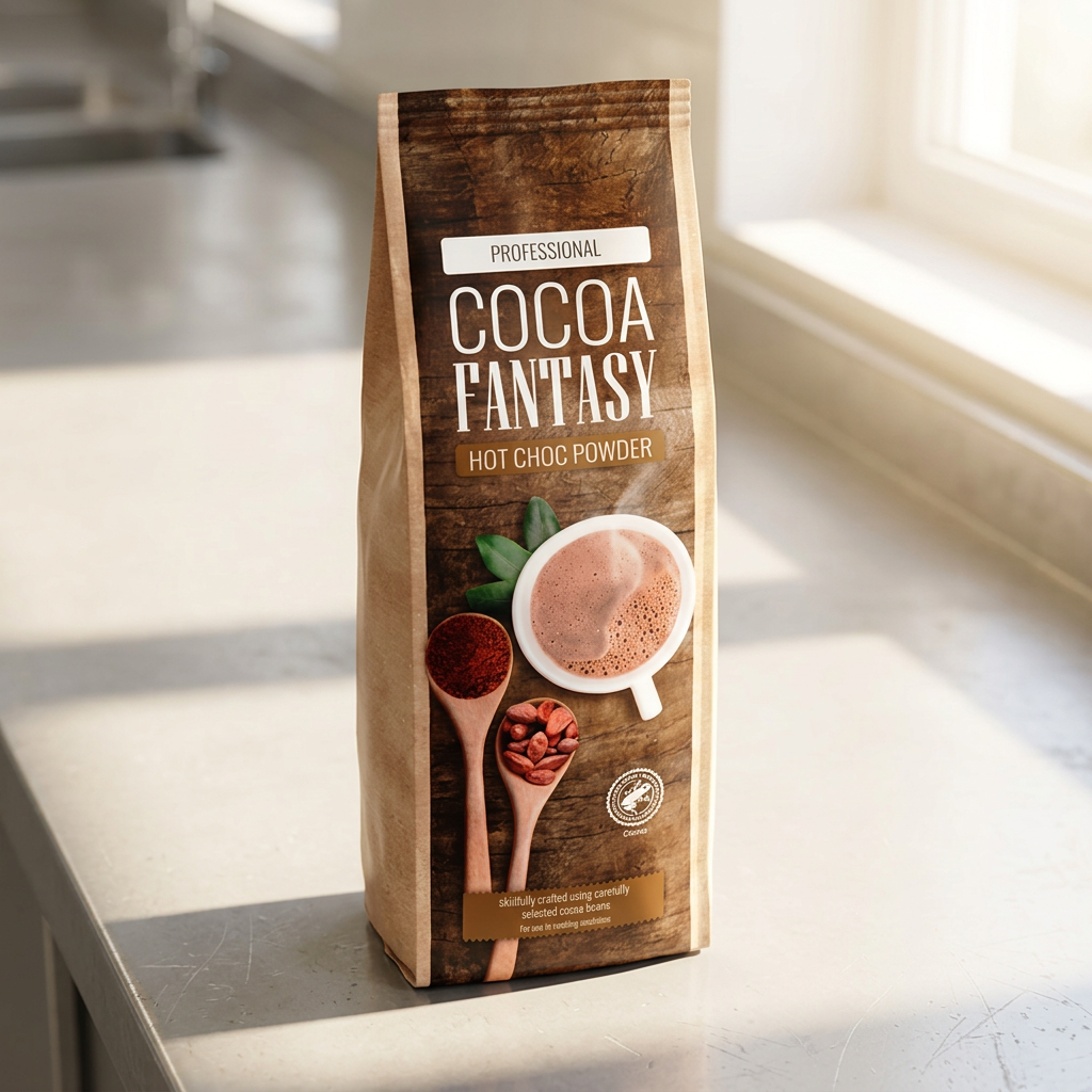 Cocoa Fantasy kakaopulver ved en solbeskinnet tilberedningsplads i kantine