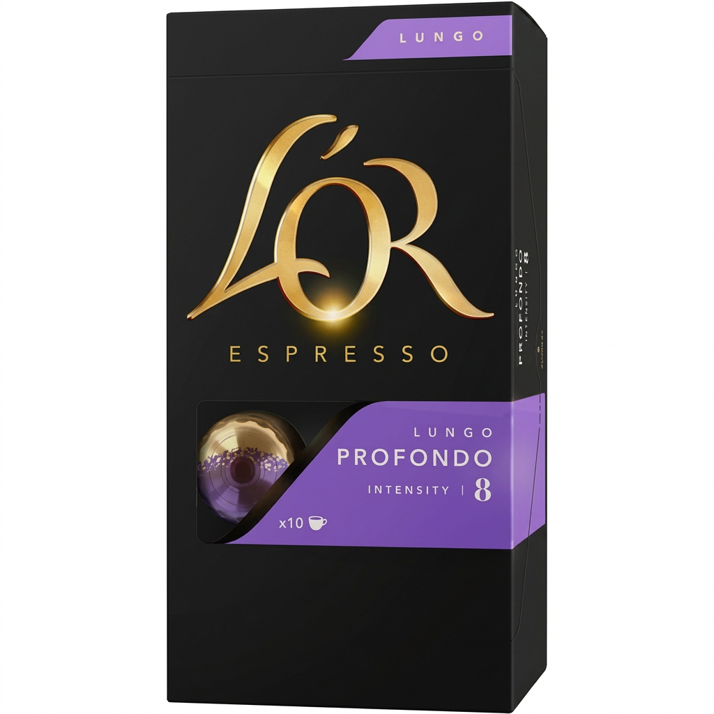 Forbedret originalversion af L’OR Lungo Profondo 8 med 10 kapsler på hvid baggrund