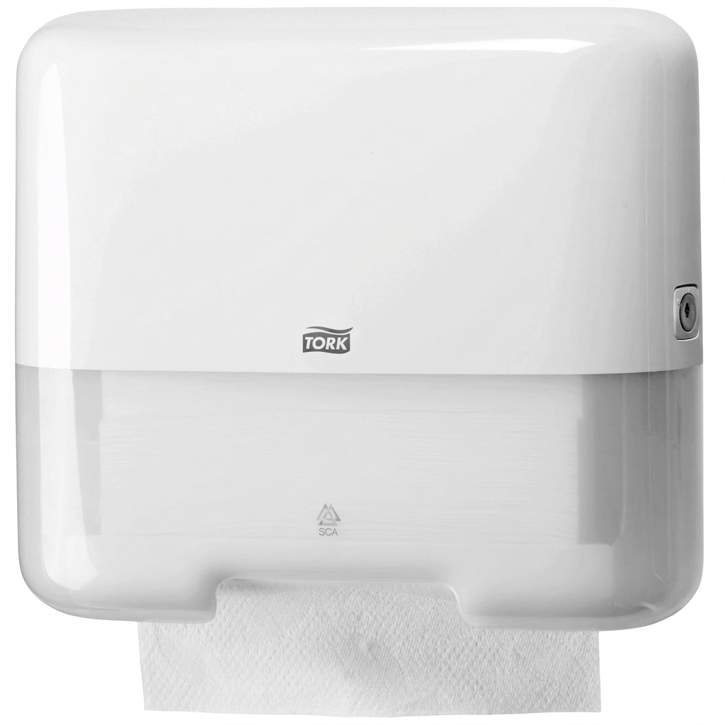 Hvid Tork H3 Mini 553100 håndklædearkdispenser med papir, produktfoto på hvid baggrund