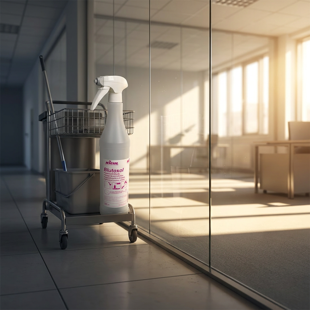 Stemningsbillede med Kiehl Blutoxol flaske og rengøringsvogn ved kontor
