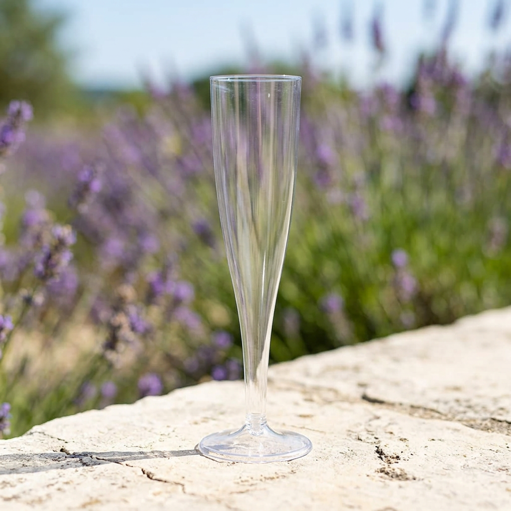 Klart champagneglas på solrig stenterrasse ved haven
