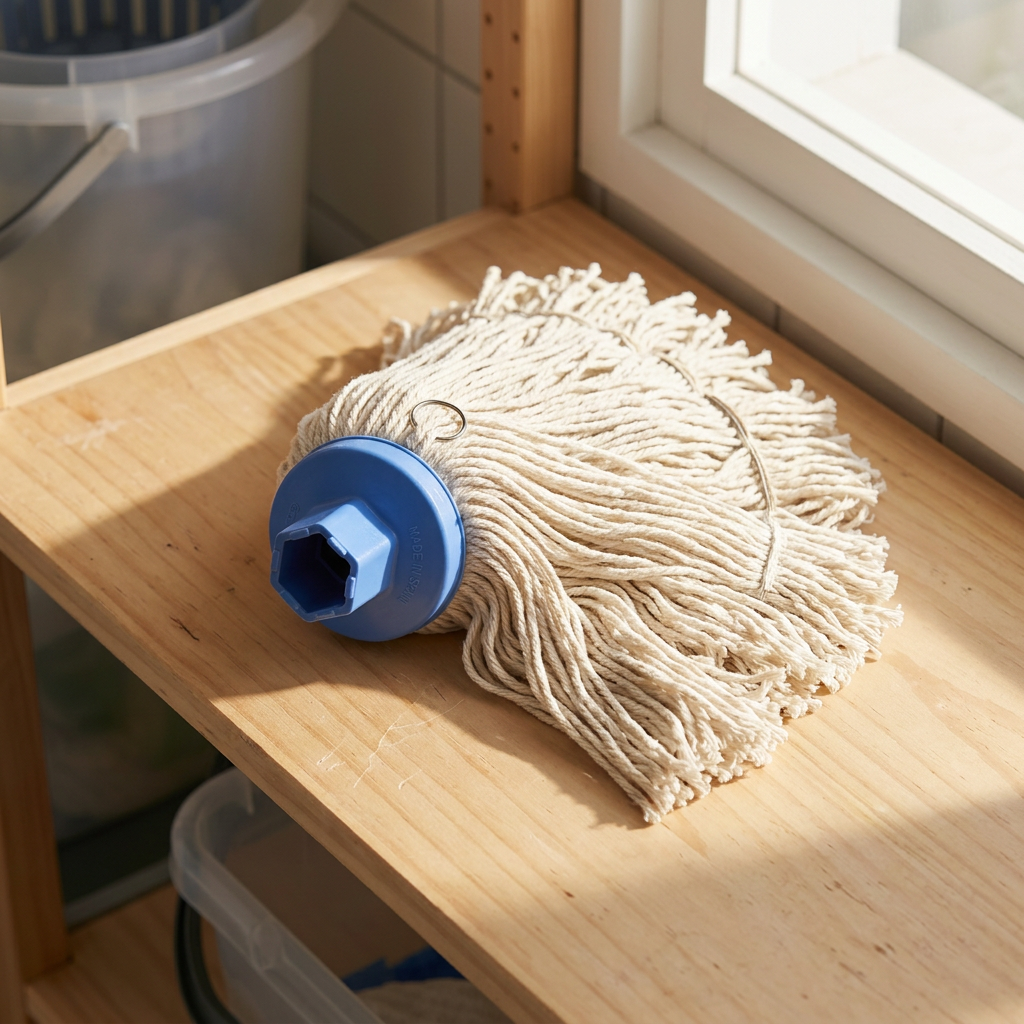 Mery-moppehoved på hylde i solrigt bryggers