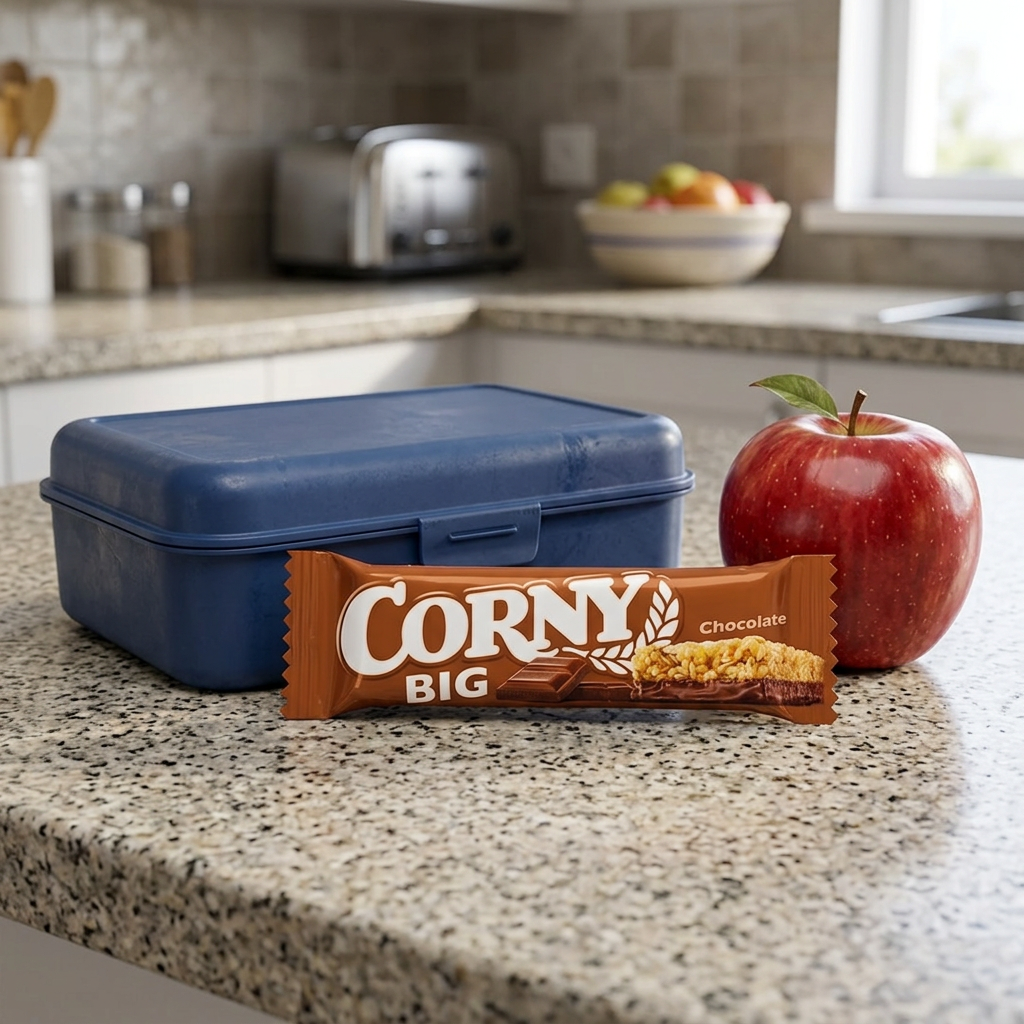 Corny Big Chokolade ved madkasse og æble, stemningsbillede