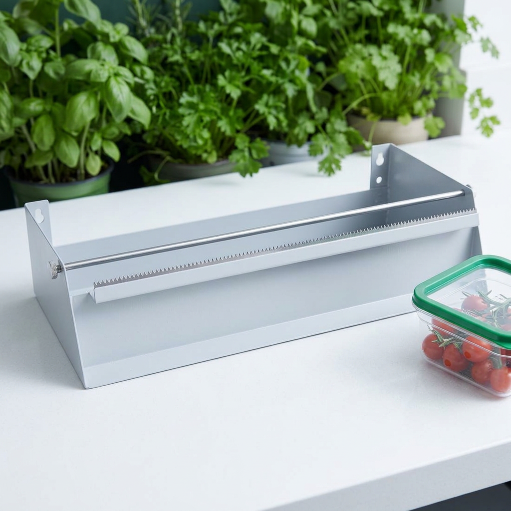 Dispenser med savklinge på hvidt køkkenbord ved krydderurter, stemningsbillede