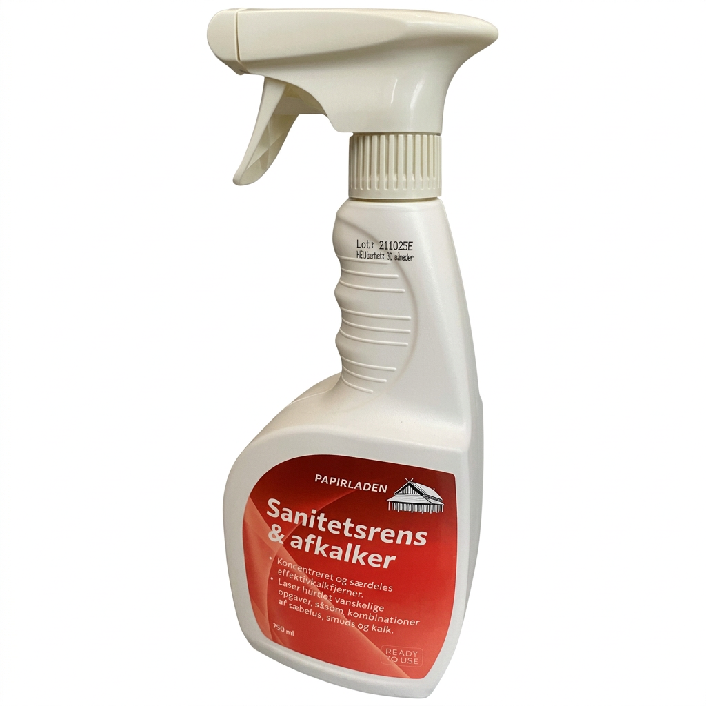 Sanitetsrens og afkalker Papirladen, 750 ml sprayflaske på hvid baggrund