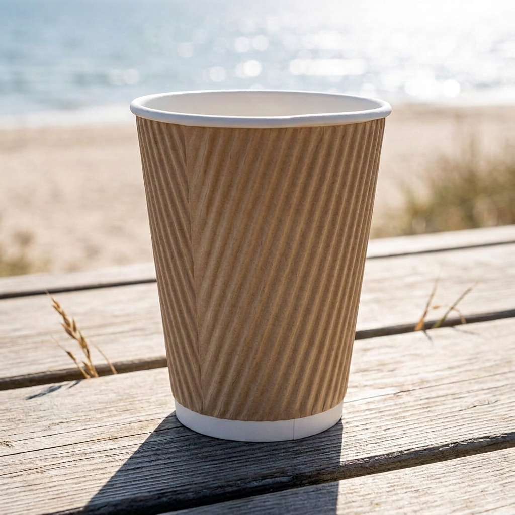 Brunt kaffebæger uden tryk på træbord ved solrig strand