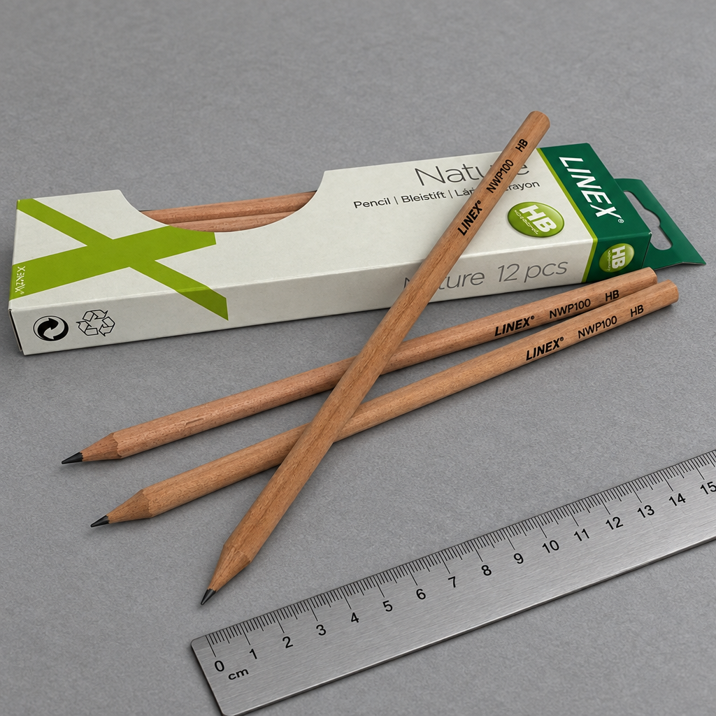 Naturfarvede Linex HB-blyanter og æske ved lineal på gråt bord, genereret miljøbillede