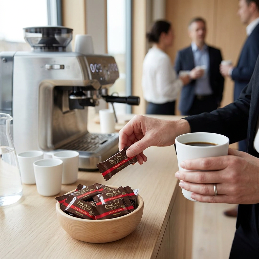 Voksen tager Bouchard mørk chokolade under kaffepause