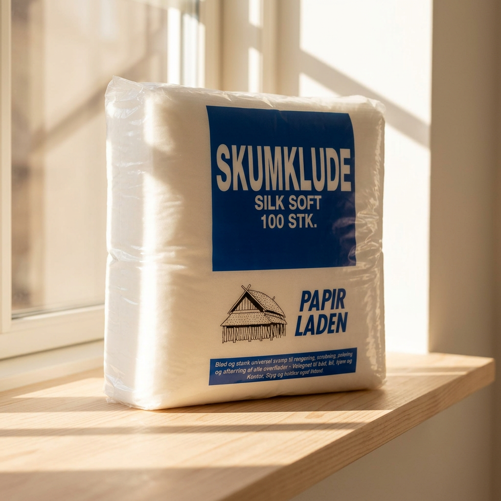 Pakke med 100 skumklude på træhylde i varmt sollys