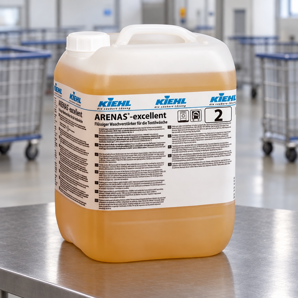 Kiehl Arenas-Excellent 10 L på stålbord med tomme vaskerivogne i baggrunden