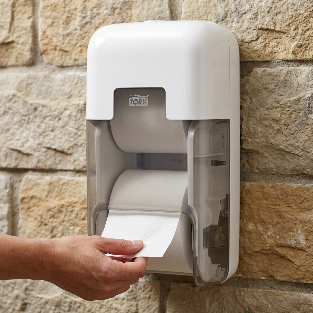 Voksen hånd tager toiletpapir fra hvid Tork OptiServe T7-dispenser med ét papirudtag