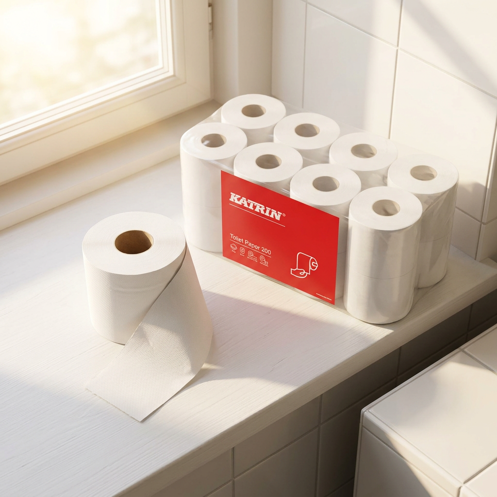 Toiletrulle med løs papirende og illustreret Katrin-pakke på hvid hylde