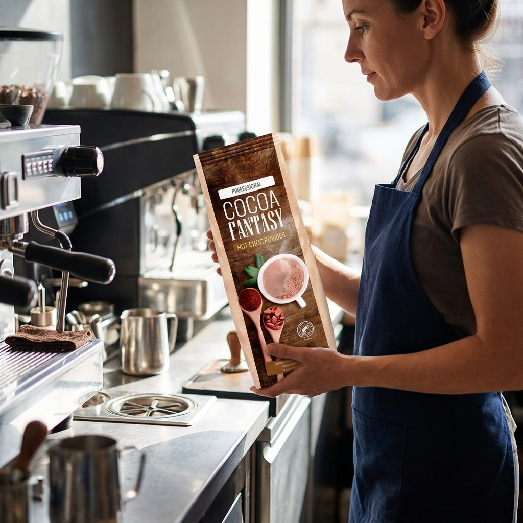 Voksen cafémedarbejder holder en pose Cocoa Fantasy kakaopulver; udstyr medfølger ikke