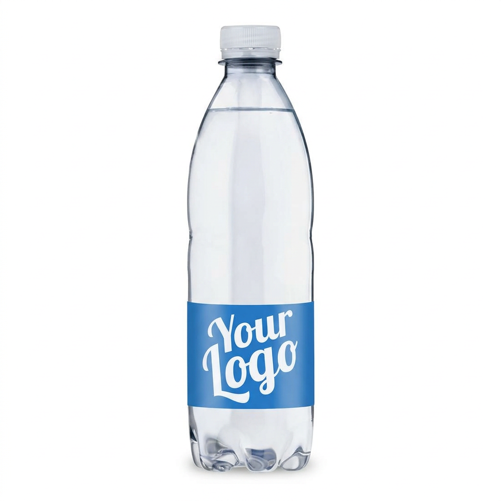 Logovand 0,5 liter med blå Your Logo-eksempeletiket på hvid baggrund