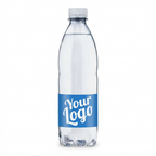 Logovand 0,5 liter med blå Your Logo-eksempeletiket på hvid baggrund