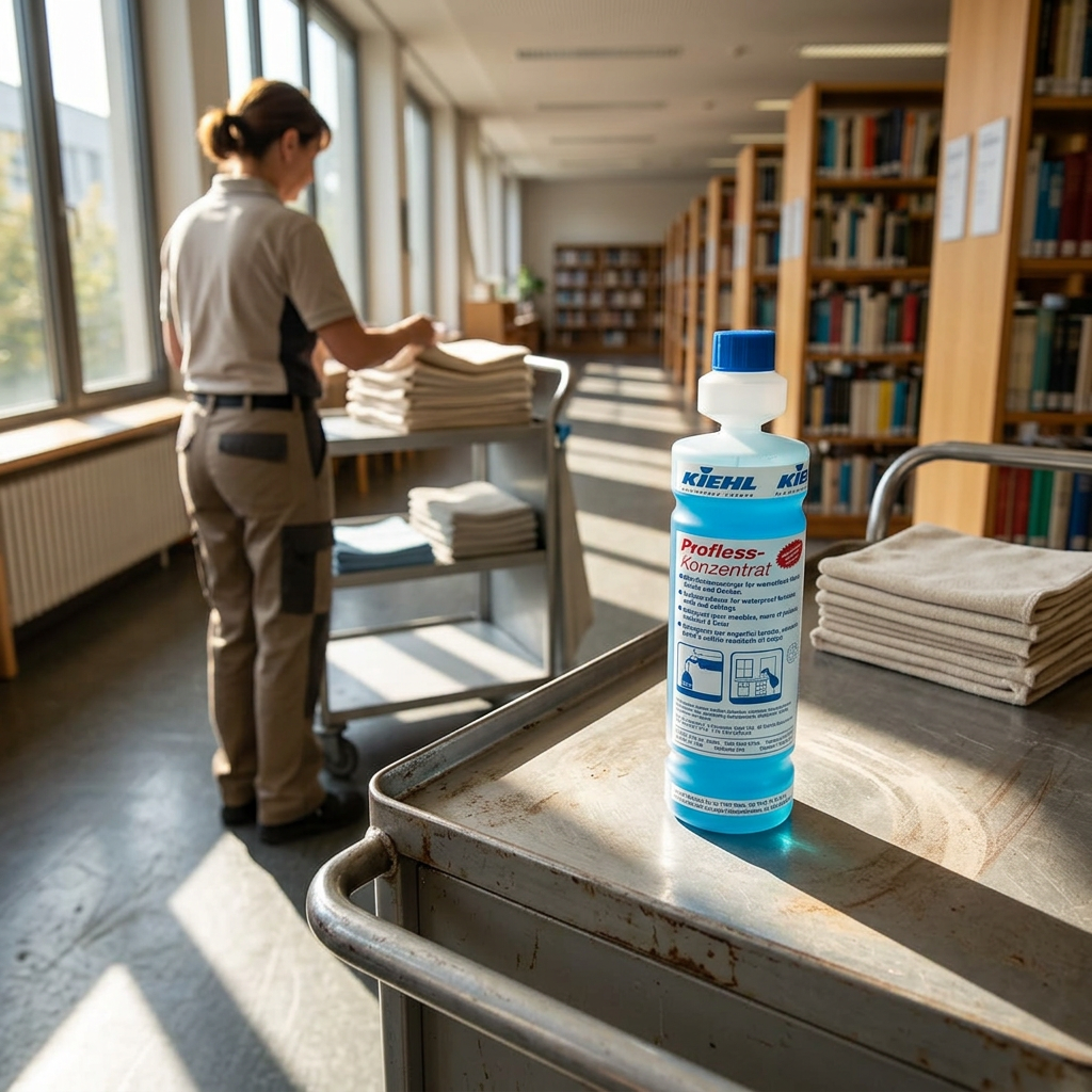Profless-Koncentrat på servicevogn med klude og voksen medarbejder i solrigt bibliotek, stemningsbillede