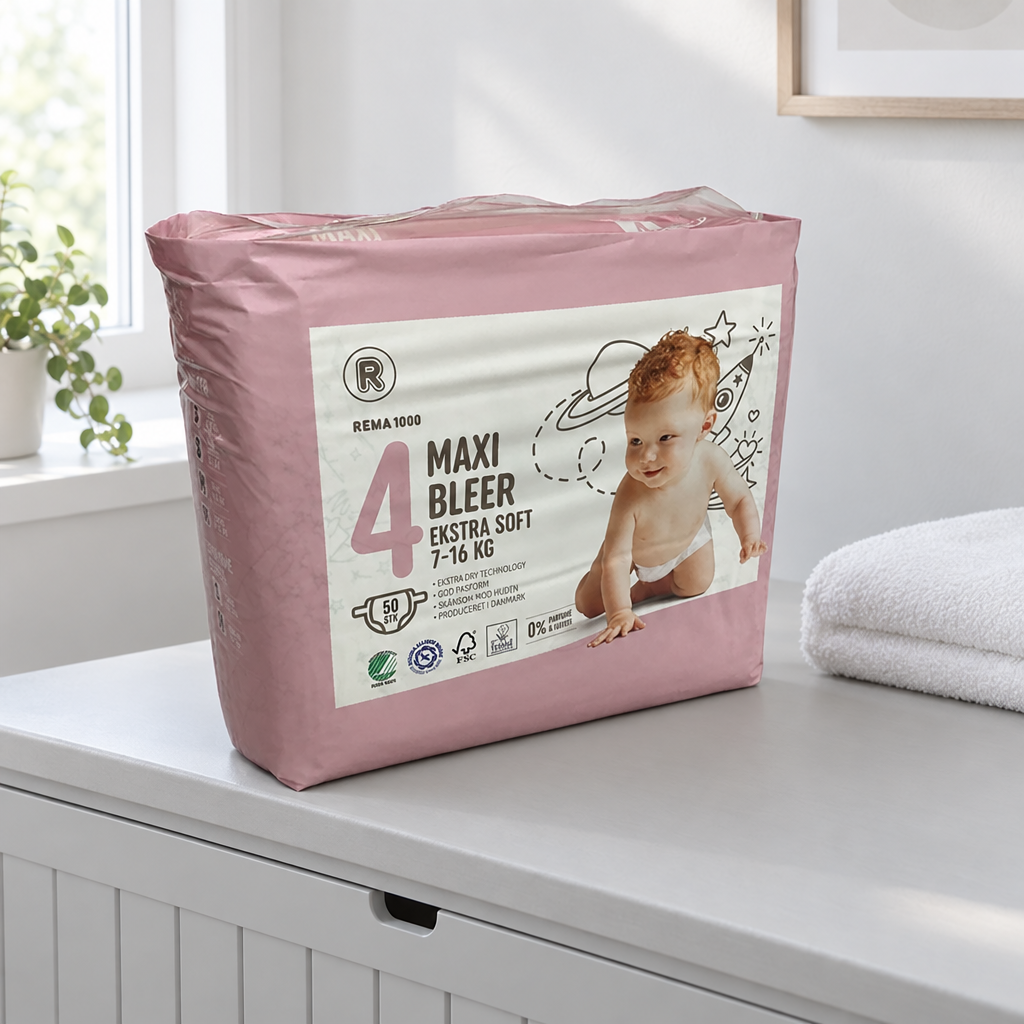 Miljøbillede af Rema 1000 Maxi 4 blepakke på opbevaringsbænk ved håndklæder