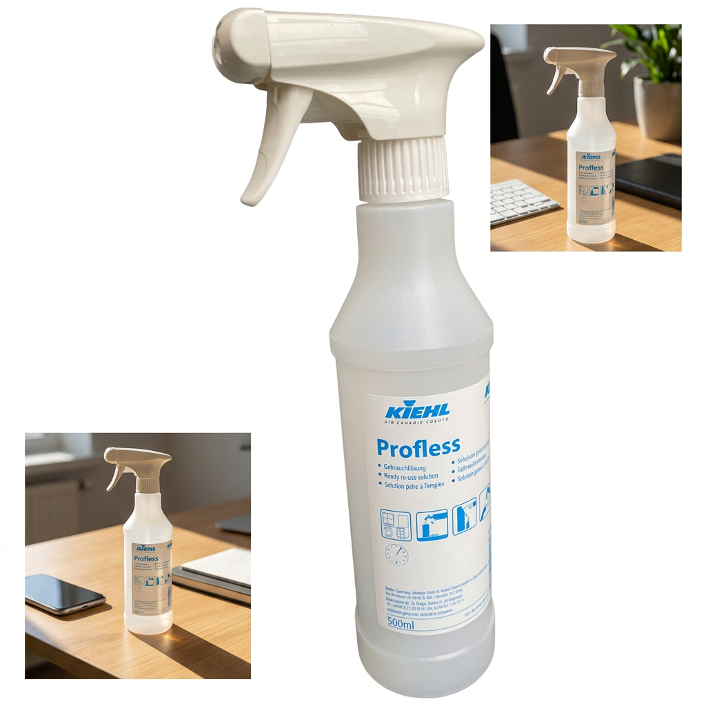 Profless sprayflaske i kollage med solrigt kontorbord, stemningsbillede