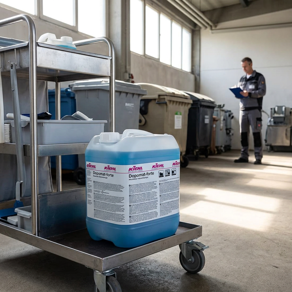 Kiehl Dopomat-forte på vogn ved lukkede affaldsbeholdere i industriens serviceområde