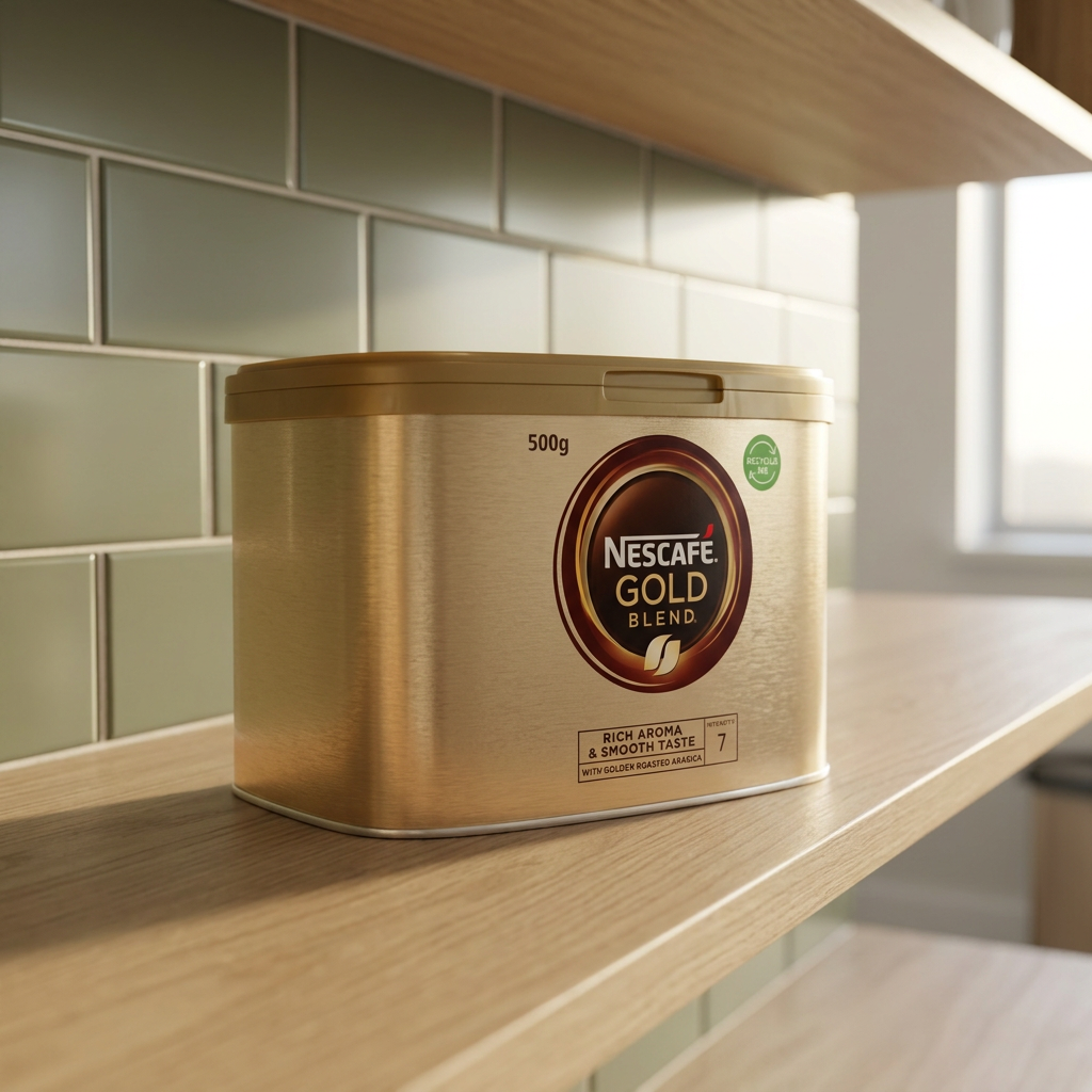 Nescafé Gold Blend 500 g set skråt fra siden på træhylde i kontorkøkken med grønne fliser