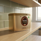 Nescafé Gold Blend 500 g set skråt fra siden på træhylde i kontorkøkken med grønne fliser