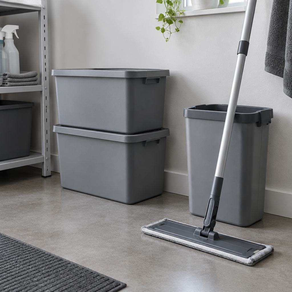 Stemningsbillede af grå beholdere og moppeudstyr i rengøringsrum, ikke foto af den konkrete moppeboks