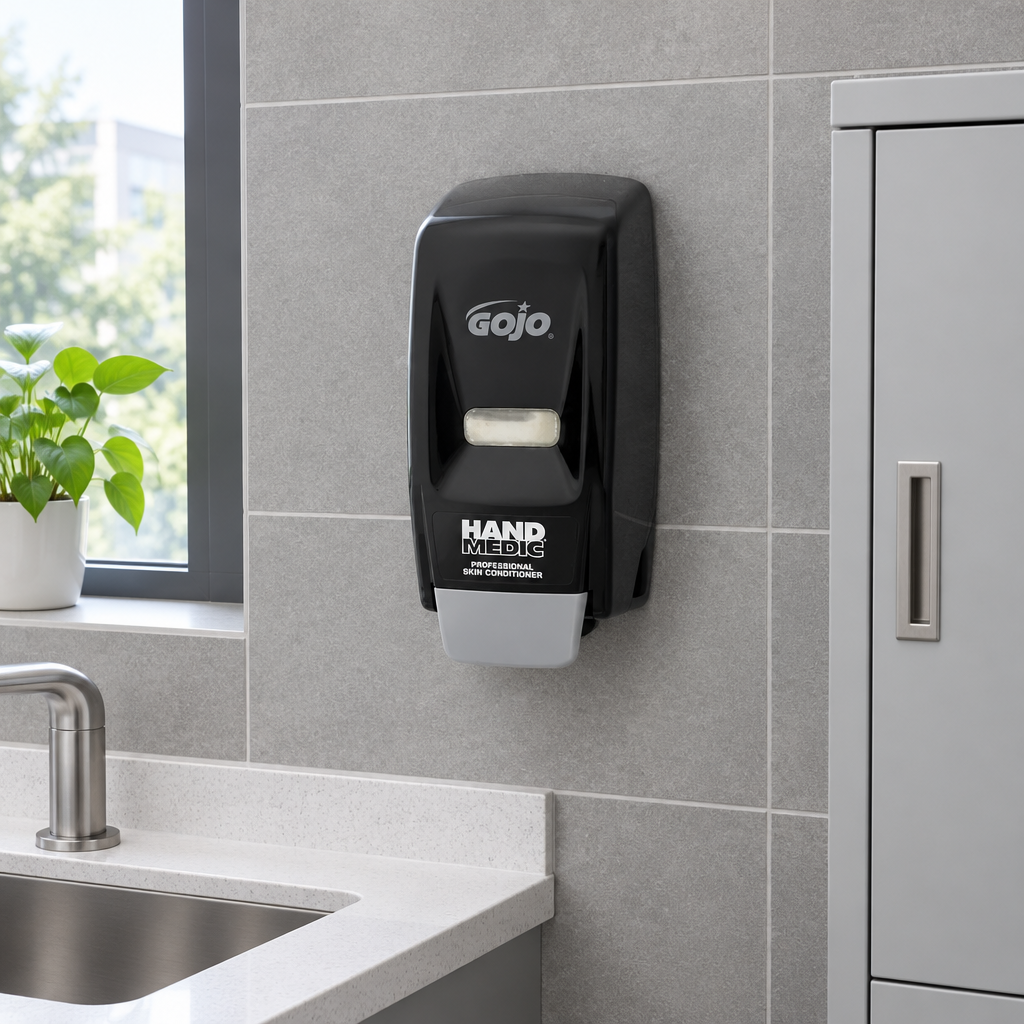 Sort GOJO Hand Medic-dispenser ved personalets håndvask