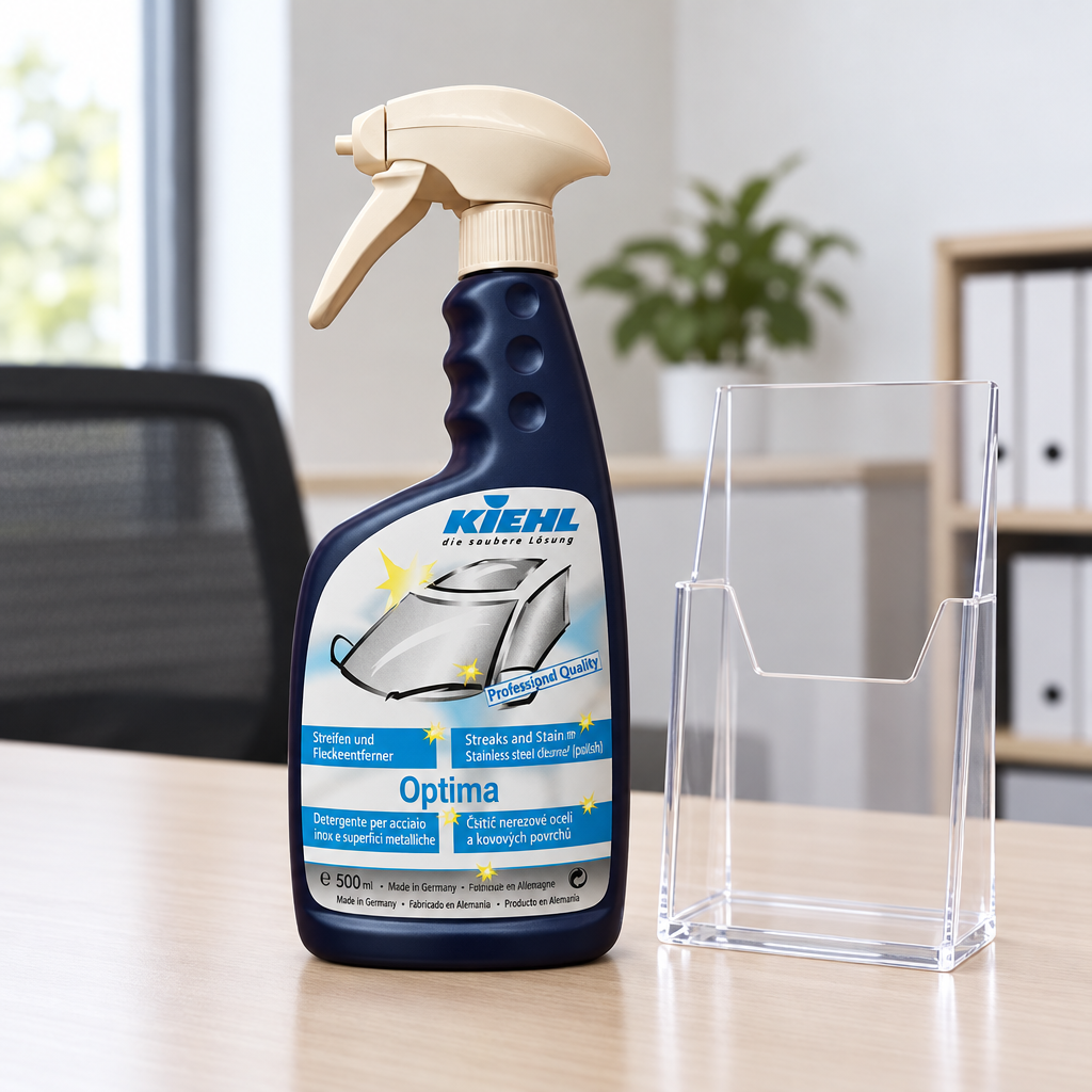 Kiehl Optima 500 ml spray ved akrylholder på kontorbord, stemningsbillede