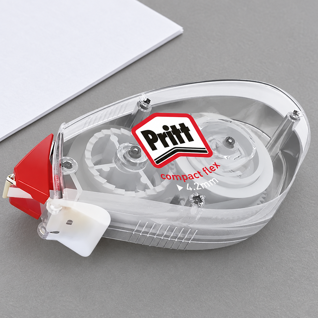 Pritt Compact Flex 4,2 mm-rettetape set tæt på ved papir på gråt bord, genereret miljøbillede