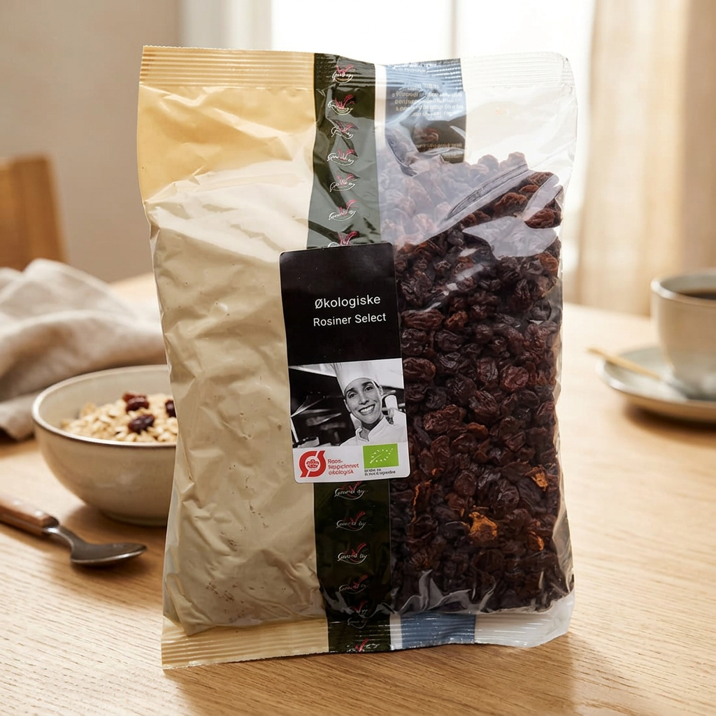 Svansø Select økologiske rosiner ved morgenmad med havre i naturligt sollys