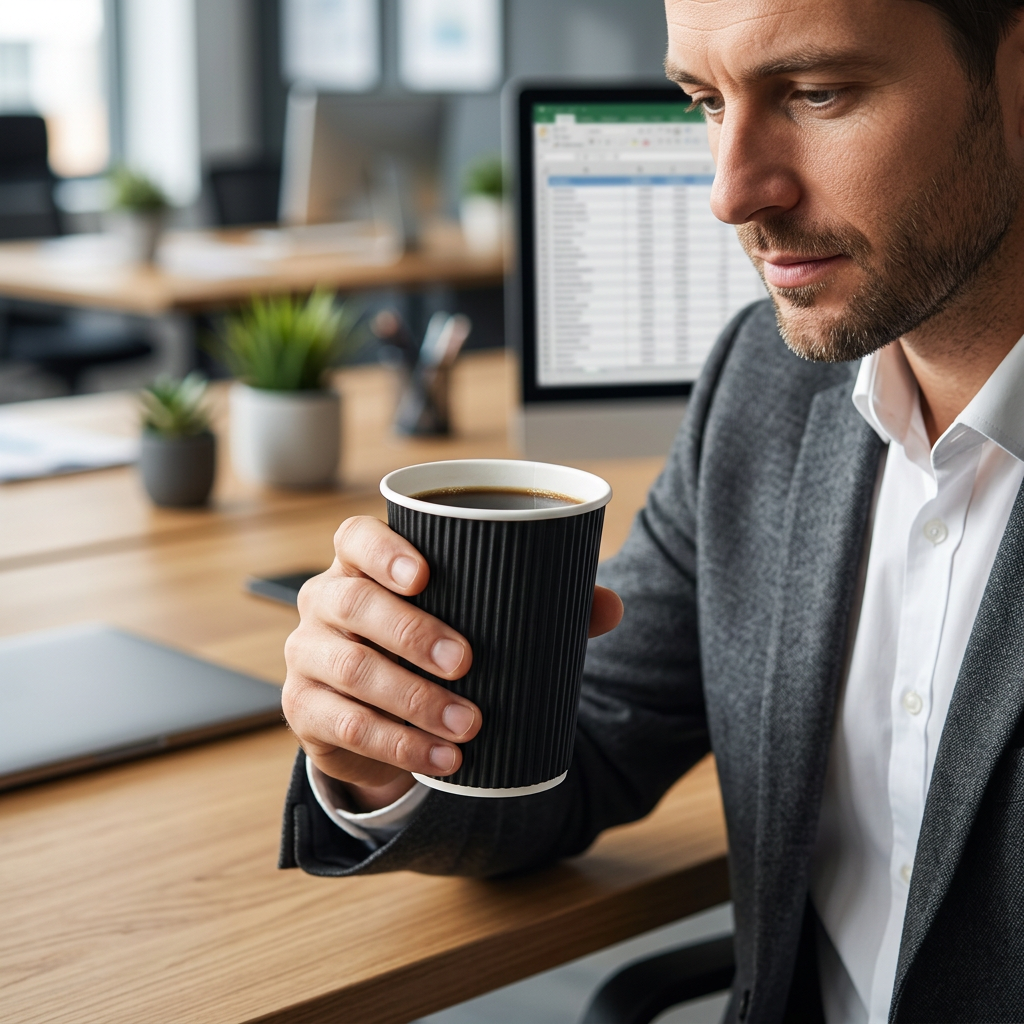 Voksen kontormedarbejder holder sort Ripple Wall kaffebæger med kaffe