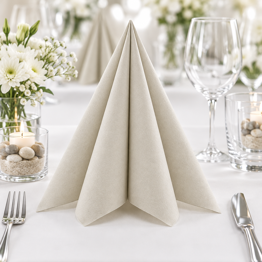 Festbord med Sand Pebblestone-servietter og hvide blomster
