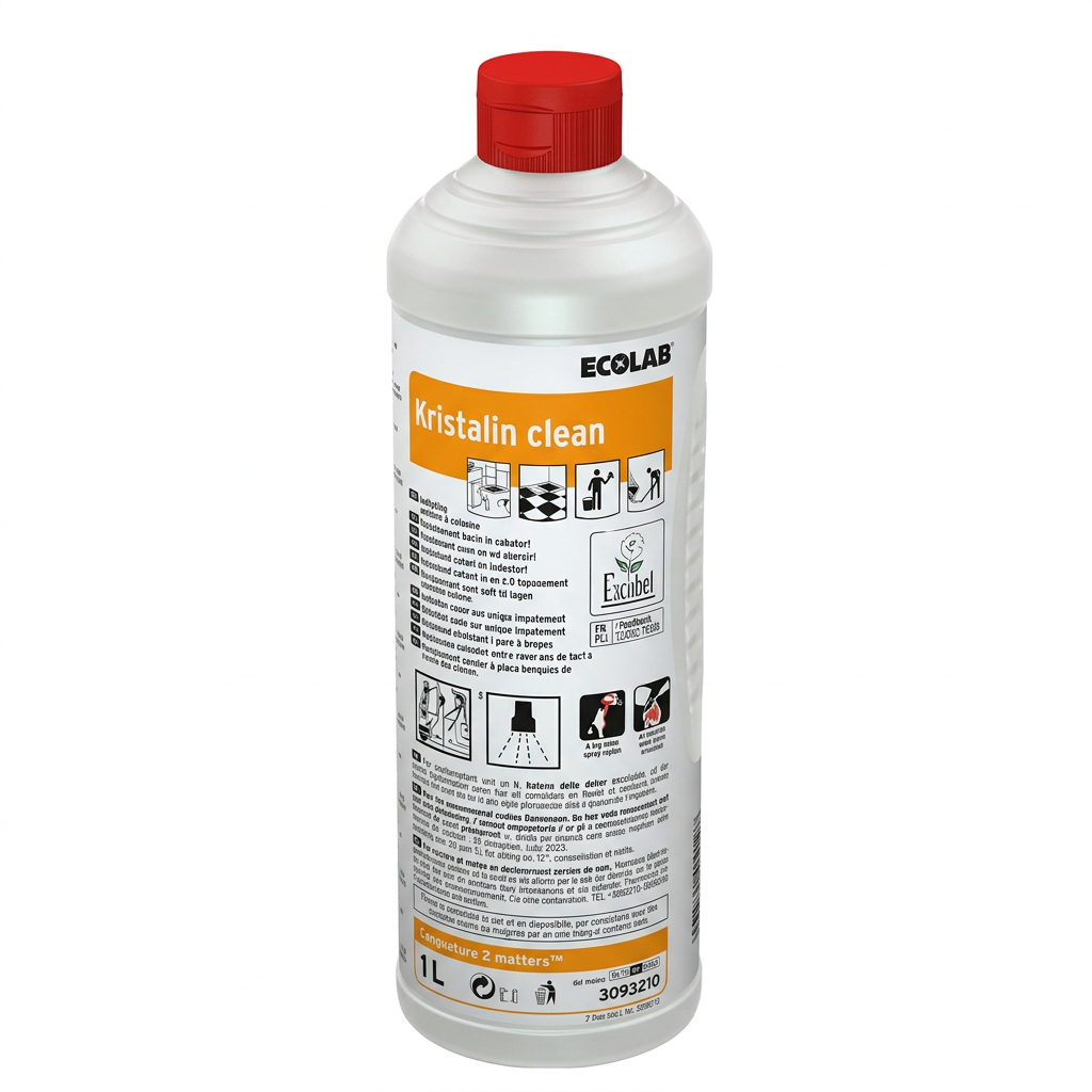 Ecolab Kristalin Clean 1 liter med orange etiket og rødt låg