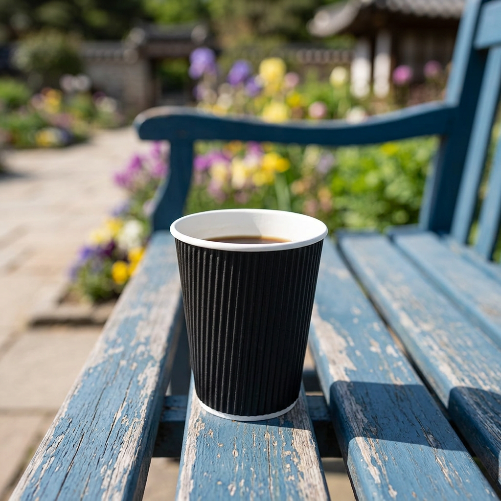 Sort Ripple Wall kaffebæger på blå bænk i solrig blomsterhave