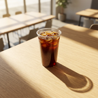 Klart bæger med iskaffe på et solbeskinnet kantinebord