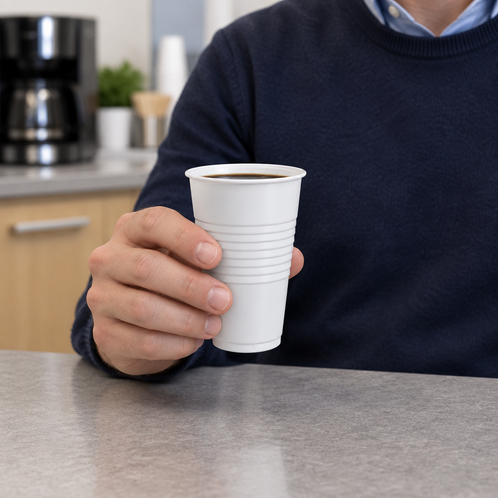 Hvidt PS-automatbæger med kaffe i hånden ved kontorets kaffepause
