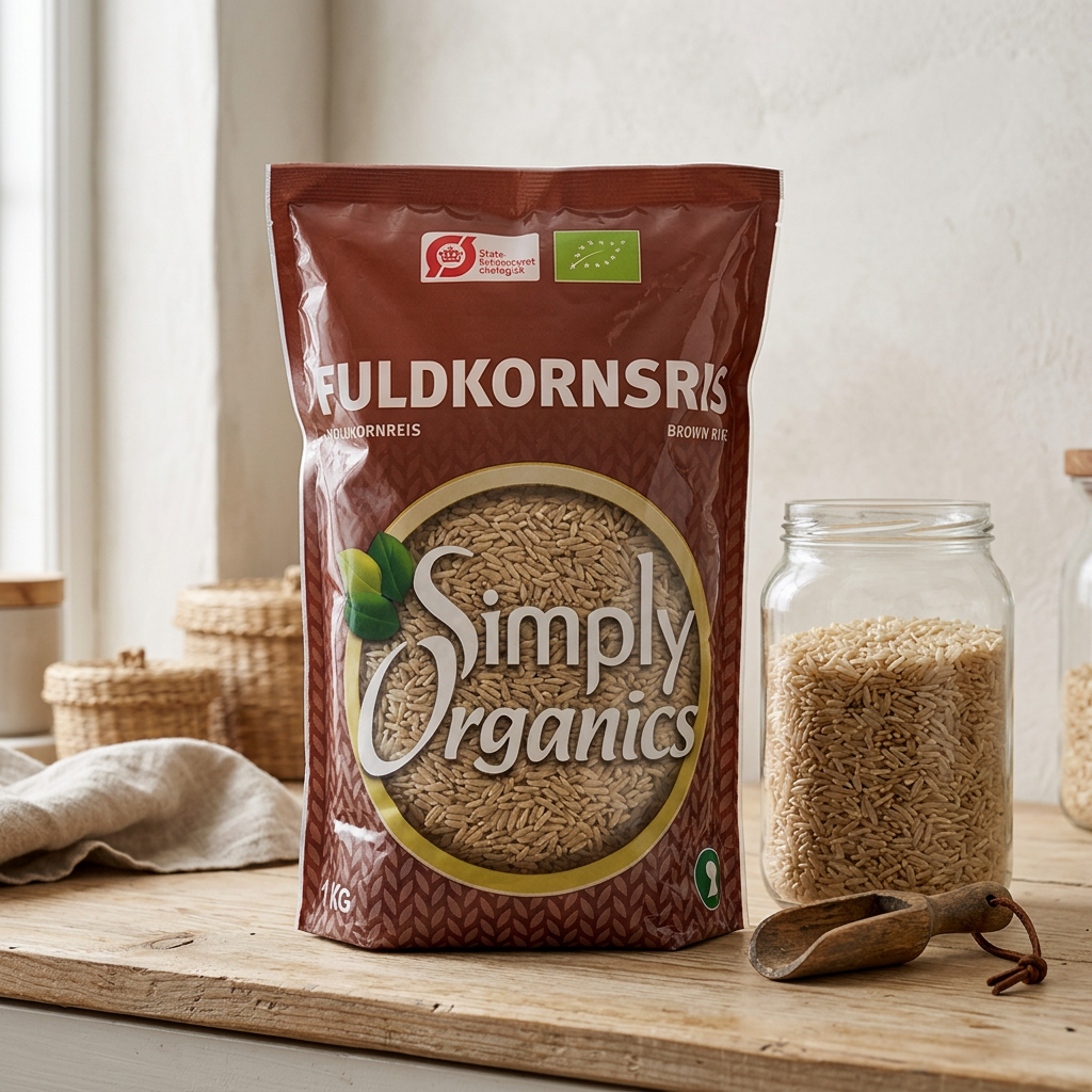 Simply Organics fuldkornsris ved glas med brune ris og træskovl