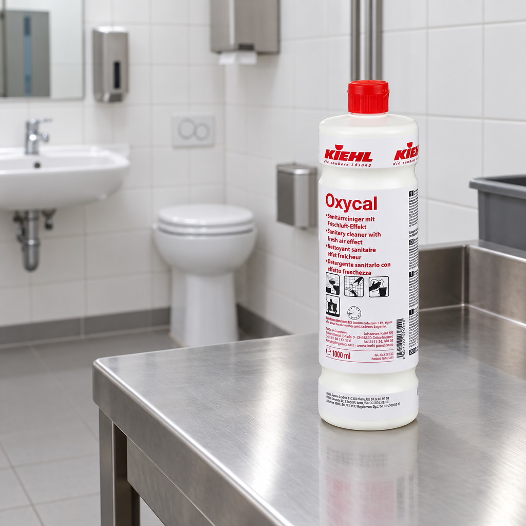 Kiehl Oxycal 1 L på rustfrit arbejdsbord i institutionsvaskerum