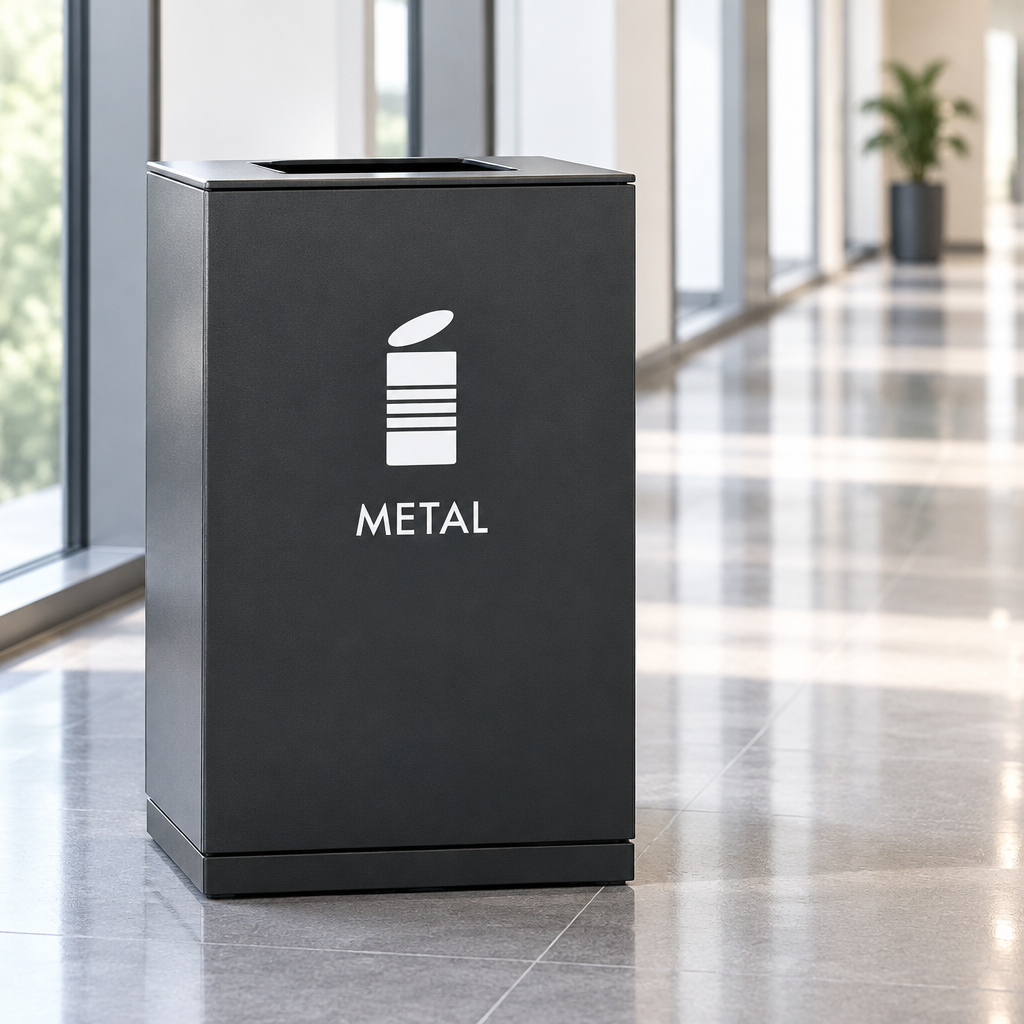 Mørk beholder med hvid metalmærkning i lys gang