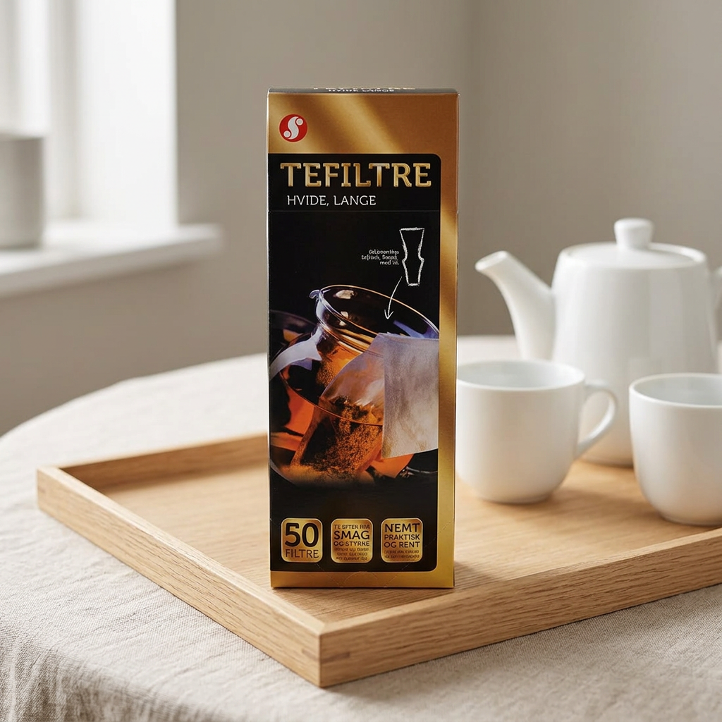 Schur lange hvide tefiltre ved morgenservering med kopper og tekande