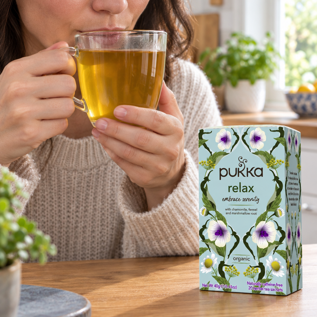 Voksen drikker urtete af et glaskrus ved siden af Pukka Relax, 20 breve