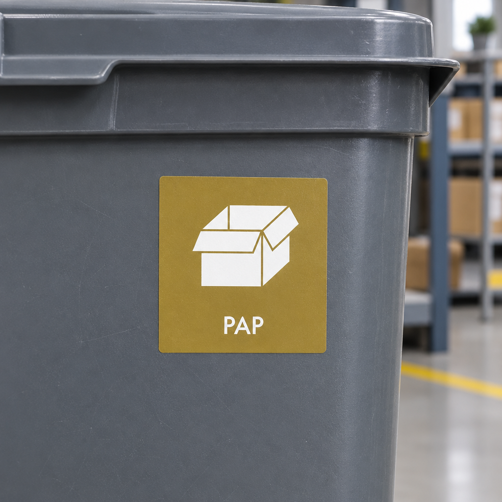 Detalje af brunt PAP-mærke med hvidt kassesymbol